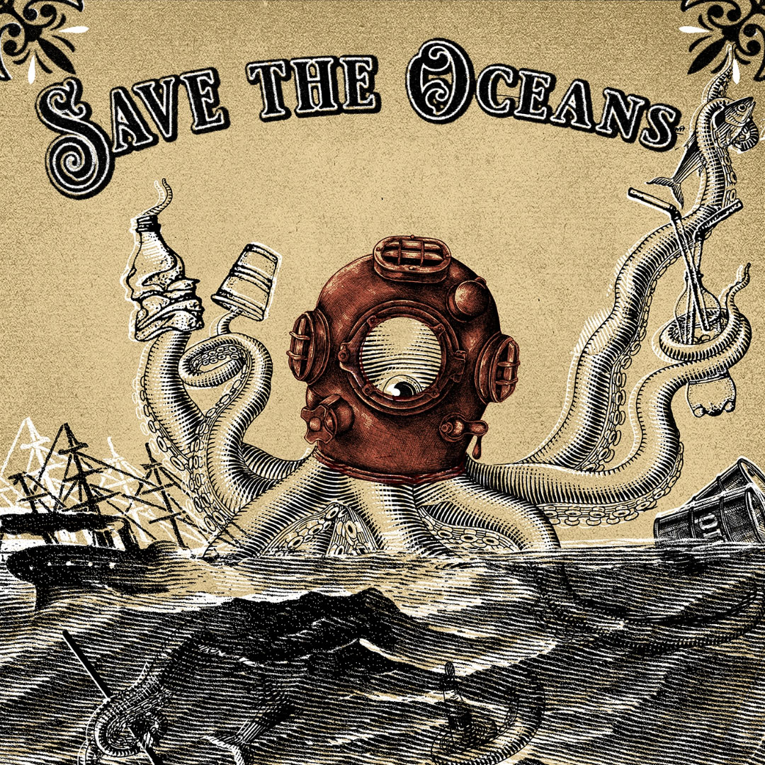 Detailelement aus dem Poster Save the Oceans - Ocotpus mit Plastikflaschen
