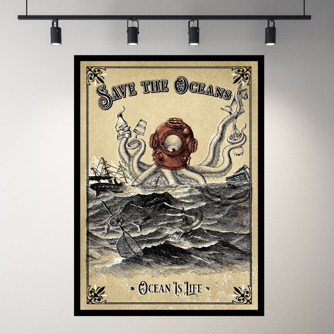 Poster Save the Oceans im schwarzen Rahmen